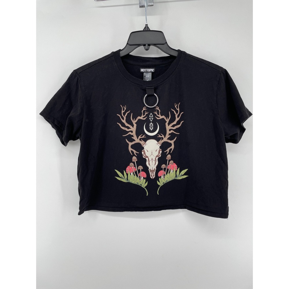 Hot Topic Graphic Crop Top Womens Medium Black Deer Skull Mushroom O-Ring Goth